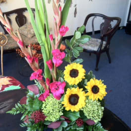 Sunflowers, hydrangea, and gladiola bouquet