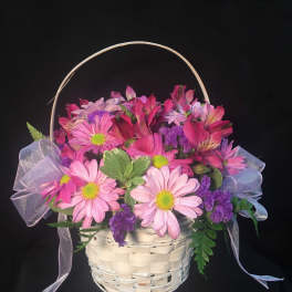 Pink and purple daisy basket arrangement with sheer ribbon bows in a white woven basket