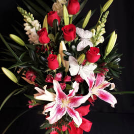 Red roses and Stargazer Lily tall mix