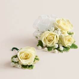 White Spray Rose Corsage & Boutonniere (White)