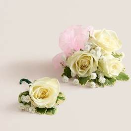 White Spray Rose Corsage & Boutonniere (Pink)
