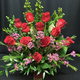 Dozen Medium Stem Roses in Gathering Vase - Red or Choose Colored
