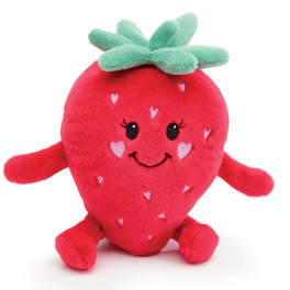 Plush red strawberry toy with smiling face, heart details, and green top leaves