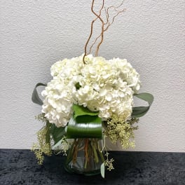 White hydrangea arrangement with structured green leaves in a clear glass vase and curly willow branches