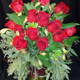 Dozen Medium Roses with Seeded Eucalyptus - Red or Colored