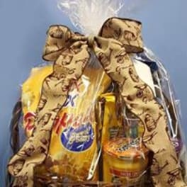 Gift basket with packaged snacks and a large decorative bow