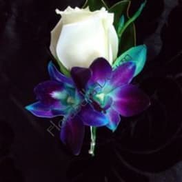 White rose and blue-purple orchid boutonniere on a dark background