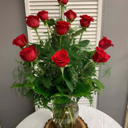 Dozen Rose Vase Arrangement with Assorted Greenery