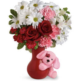 Send A Hug Puppy Love Bouquet with Red Roses