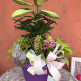 Potted lily and pink hyacinths in a purple container with pastel bow and bunny figurine.