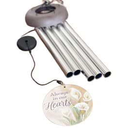 Silver wind chime with round tag reading "Always in our Hearts" and painted white calla lilies.