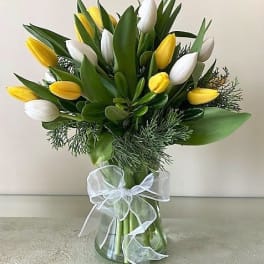 Yellow and white tulips arranged in a clear glass vase with a white ribbon bow