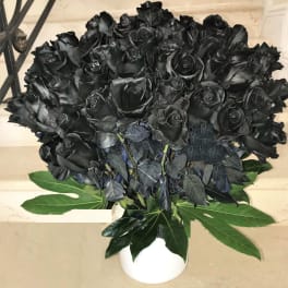 100 Black Roses arranged in a vase