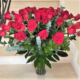 50 Red Roses arranged Round in a glass vase