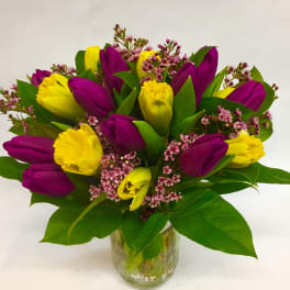 Bouquet of purple and yellow tulips in a glass vase