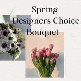 Spring designers choice bouquet with pink tulips and white anemones