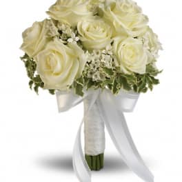 White rose bouquet with ribbon-wrapped stems