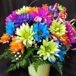 Colorful bouquet of daisies in a pale yellow pot with ribbon curls