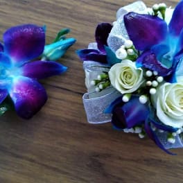 Blue Bomb Dendrobium Wristlet & Boutonniere Combo