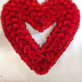 Heart-shaped arrangement of red roses on a white background