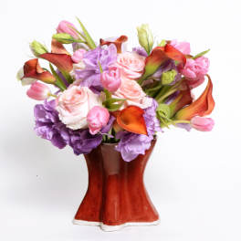 Red Hourglass Vase with Pink Roses - NPS