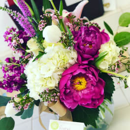 Bouquet of magenta peonies, white hydrangeas, and pink accent flowers