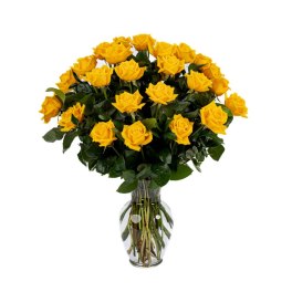 Tall arrangement of yellow roses in a clear glass vase