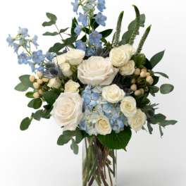 White roses and blue hydrangea with blue delphinium in a clear glass vase
