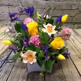 Bright mixed arrangement with yellow roses, tulips, daffodils, pink hyacinths and purple flowers in a square vase