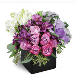 Pink and purple roses with white blooms in a black box