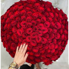 Large round bouquet of red roses viewed from above