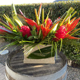 Bright tropical arrangement in a woven rectangular container