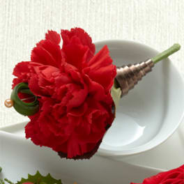 Red carnation boutonniere with ribbon and pearl pin