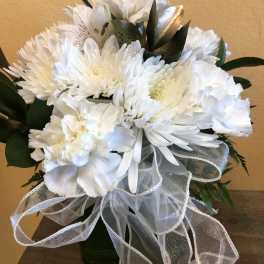 White chrysanthemum and carnation bouquet with a sheer ribbon bow