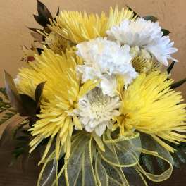 Yellow and white chrysanthemum bouquet with a sheer ribbon bow