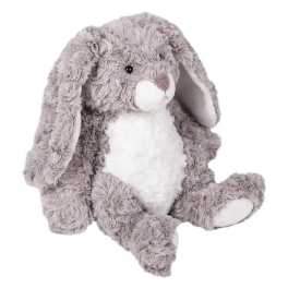 Gray plush bunny with floppy ears and white belly on a white background