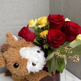Red and yellow roses with a plush teddy bear