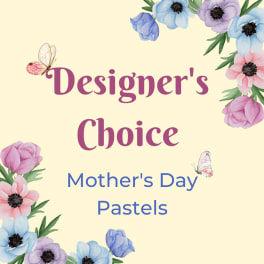 Pastel illustration of pink and blue flowers with butterflies framing the text Designer's Choice Mother's Day Pastels.