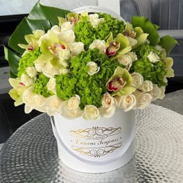 Round box arrangement of cream roses, green hydrangeas, and green orchids on a glass table