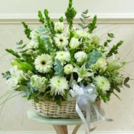 White floral basket arrangement with a ribbon bow