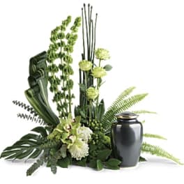Green floral arrangement with tall stems and a dark urn