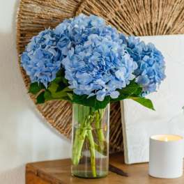 Blue hydrangeas in a clear glass vase beside a lit candle