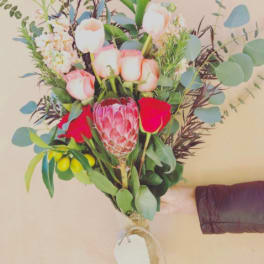 Handheld bouquet with pink roses, a protea, and pale tulips