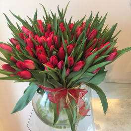 Large bunch of red tulips in a round clear glass vase with a red and gold bow.