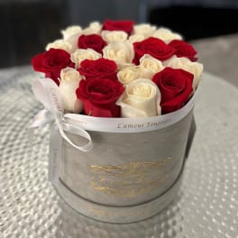 Round box of red and white roses arranged tightly in a gray hatbox with white printed ribbon.