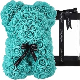 Turquoise rose-shaped teddy bear with black ribbon and gift box