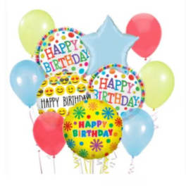 Cluster of colorful birthday balloons with "Happy Birthday" text