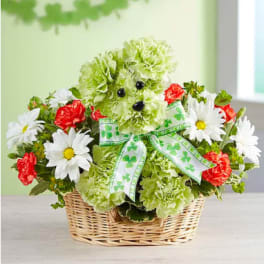 Dog-shaped flower basket with daisies, carnations, and a shamrock ribbon