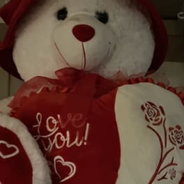 White teddy bear with a red hood and heart-patterned pillow