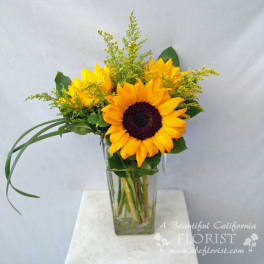 Sunflower arrangement in a clear glass vase